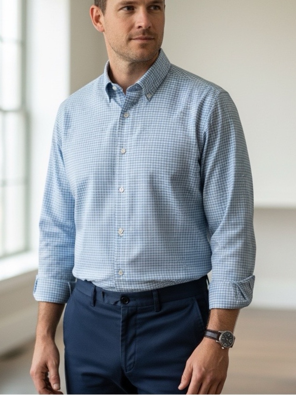 Peter Millar Blue Micro-Check Button-Down Shirt
